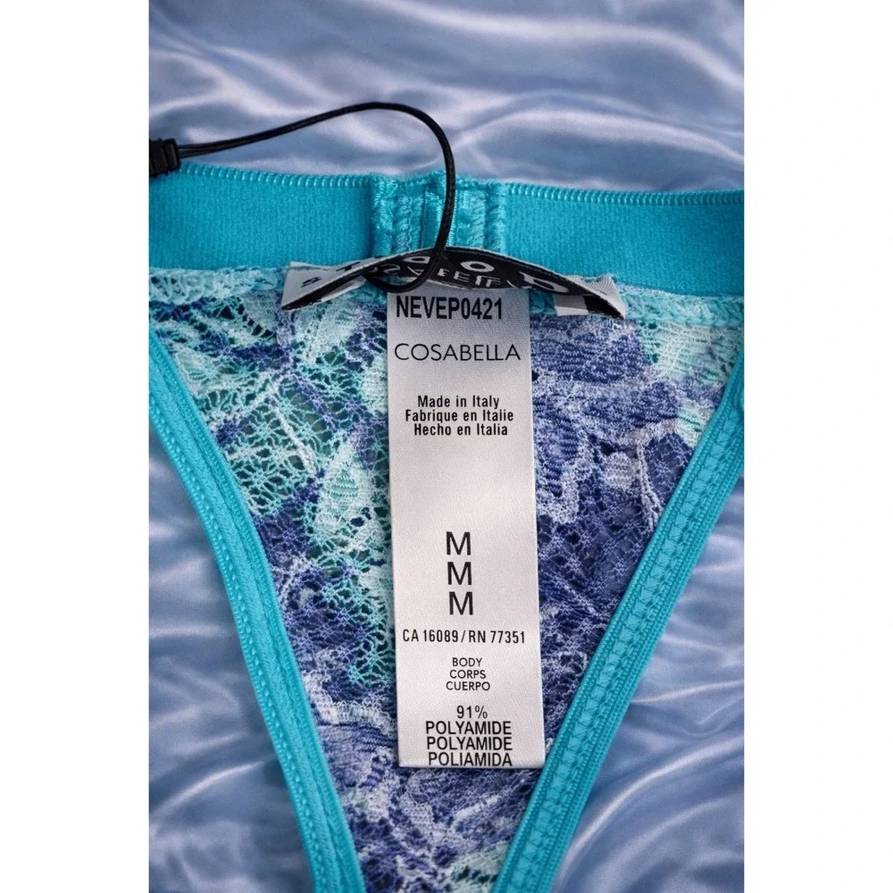 Cosabella Never Say Never Printed Tanga Italian‎ Thong Lace Blue Turquoise  NEW
